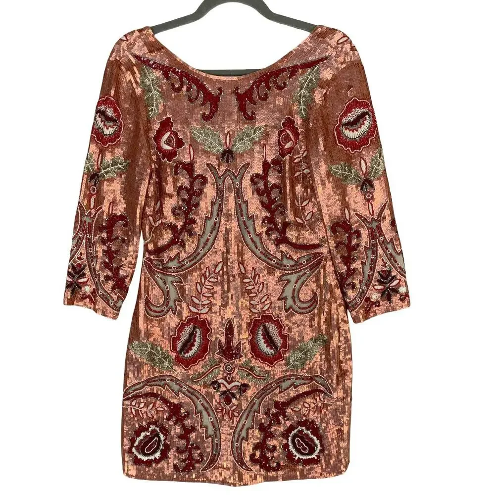 Needle & Thread Tapestry Motif Mini Dress US 6 Rose Gold Sequin Cocktail - Picture 2 of 16